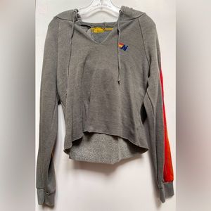 Aviator Nation Split Neck Crop Hoodie Grey Medium